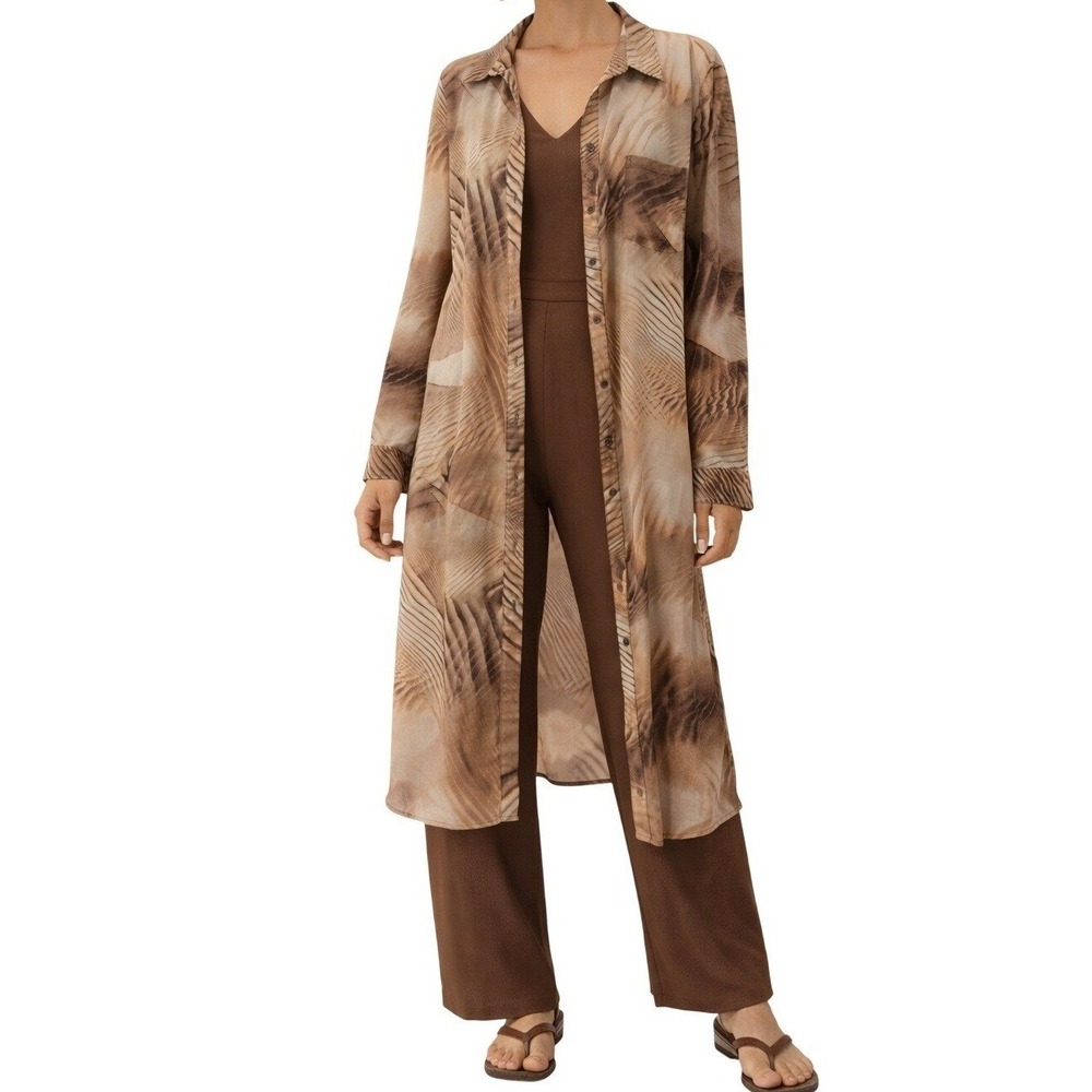 Miss Tina Long Sheer Button-Down Shirt Jacket in Brown and Cream